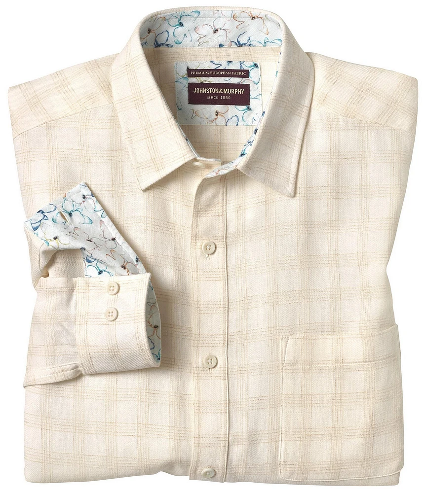 Johnston & Murphy Lightweight Windowpane Plaid Linen Blend Long Sleeve Woven Shirt