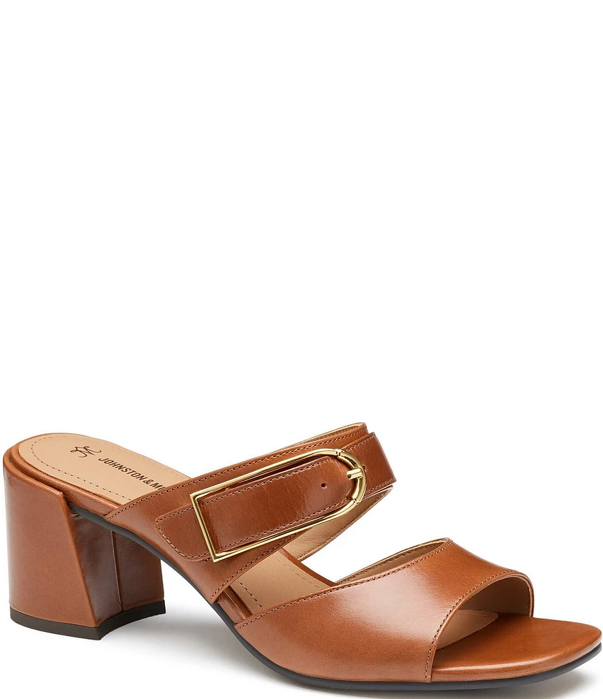 Johnston & Murphy Women's Everly Leather Buckle Hardware Banded Slides Sandals