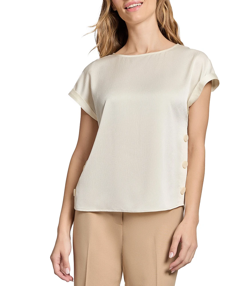 Jones New York Hammered Satin Crew Neck Short Sleeve Side Button Blouse