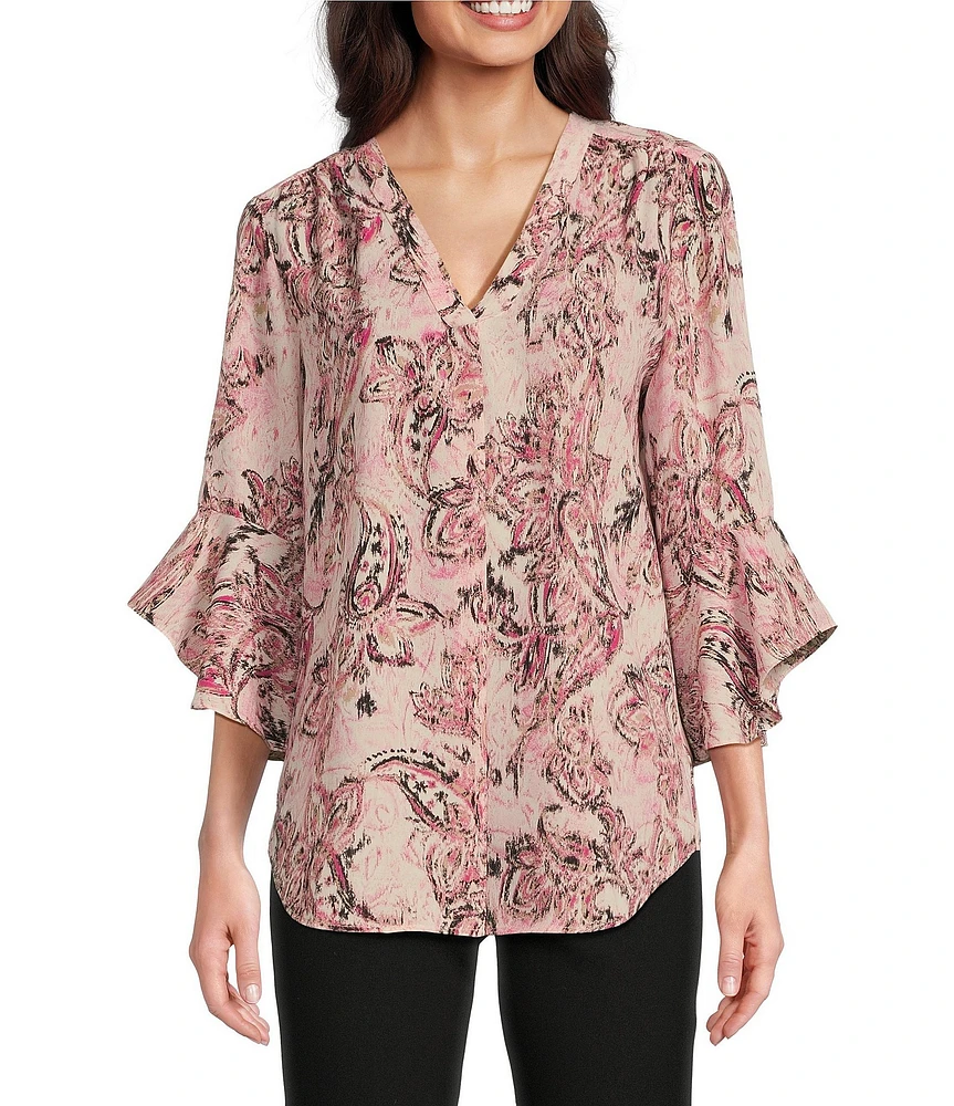 Jones New York Paisley Printed Crepe De Chine V-Neck Flare Sleeve Pleat Front Tunic