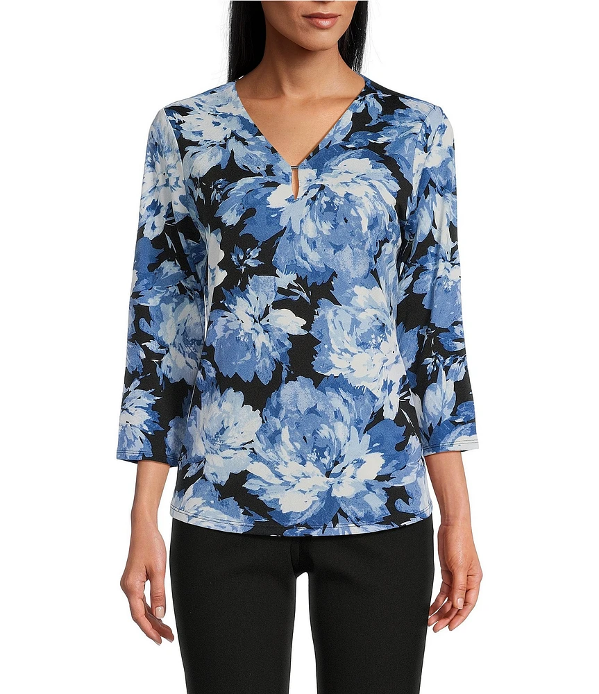 Jones New York Printed Moss Crepe 3/4 Sleeve V-Neck Top