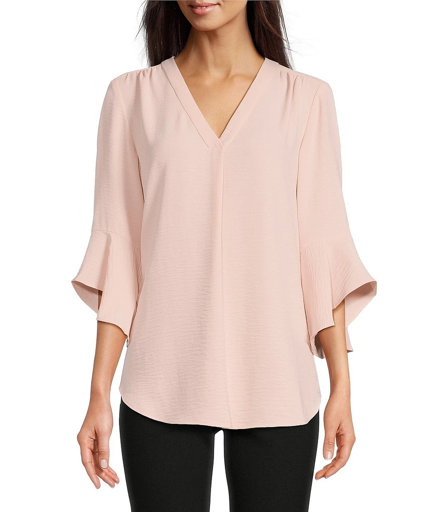 Jones New York Stretch Airflow V-Neck Flare Sleeve Pleat Front Tunic