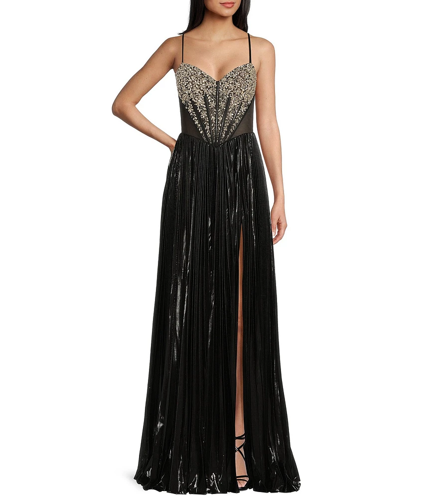 Jovani Metallic Sweetheart Neck Beaded Corset Bodice Spaghetti Strap A-Line Dress