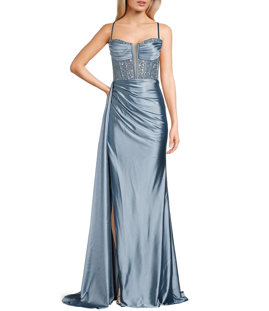 Jovani Sweetheart Neck Spaghetti Strap Corset Glitter Mesh Bodice Side Slit Gown