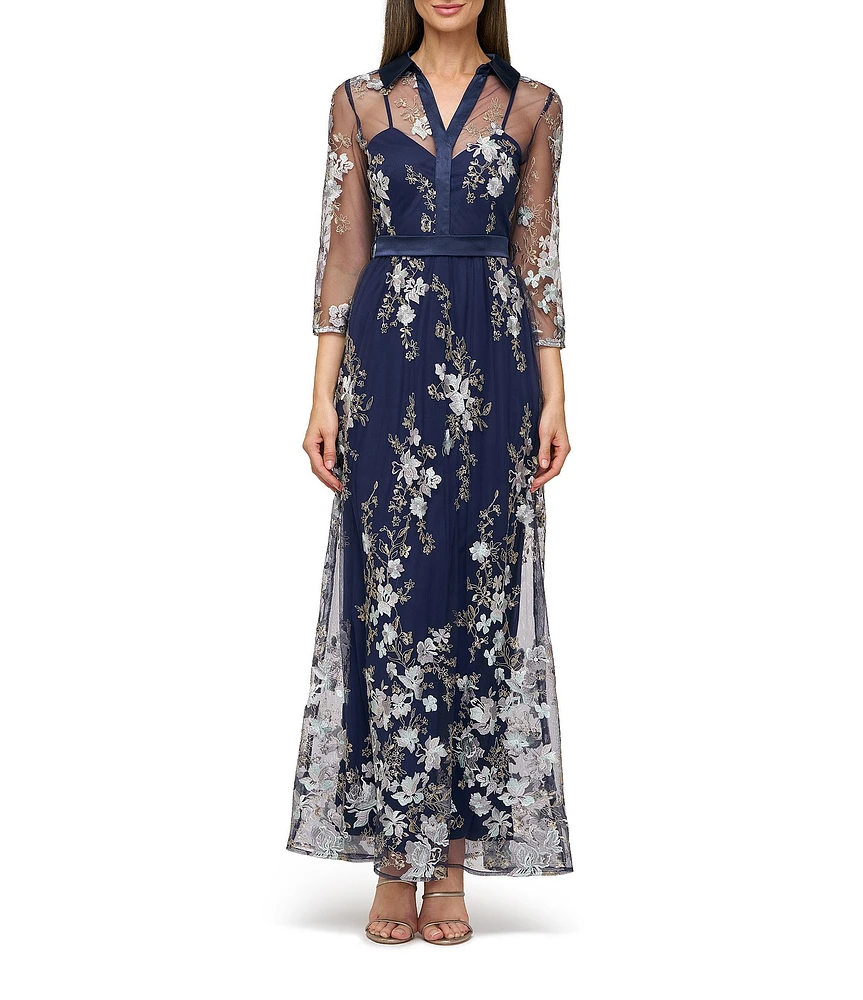 JS Collections Azalea Illusion 3/4 Sleeve Embroidered Mesh Maxi Shirtdress