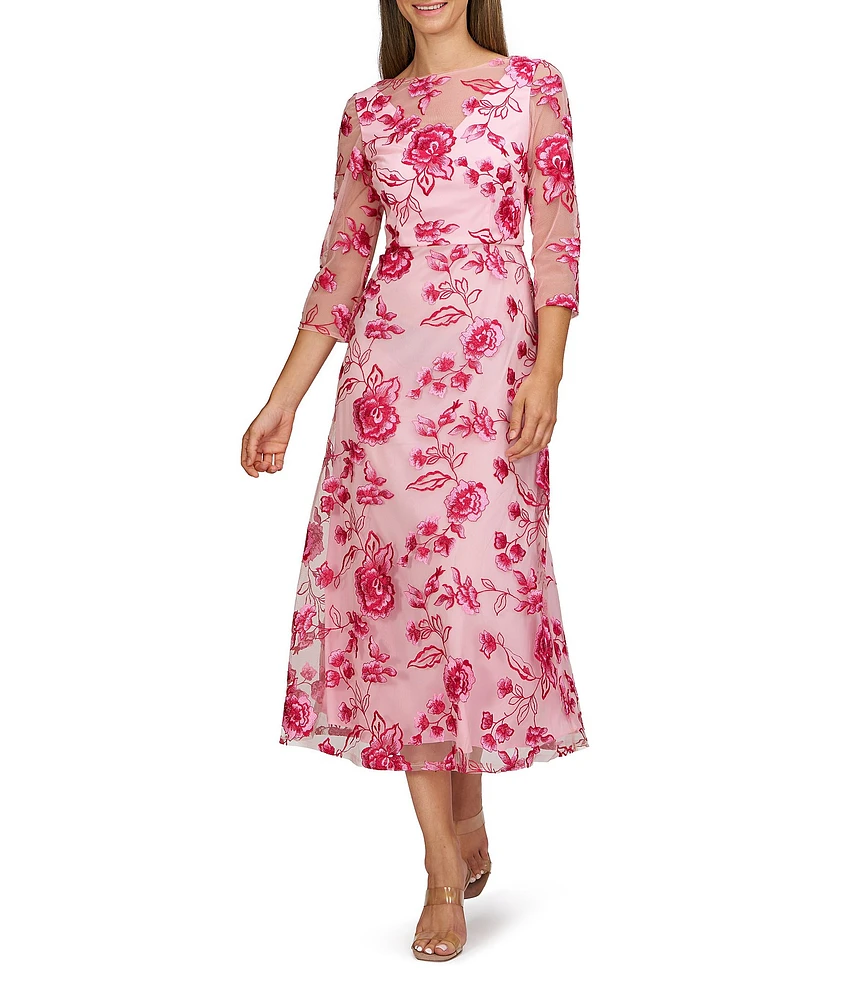 JS Collections Nadine Illusion V-Neck 3/4 Sleeves Floral Embroidered Mesh A-Line Tea Length Dress