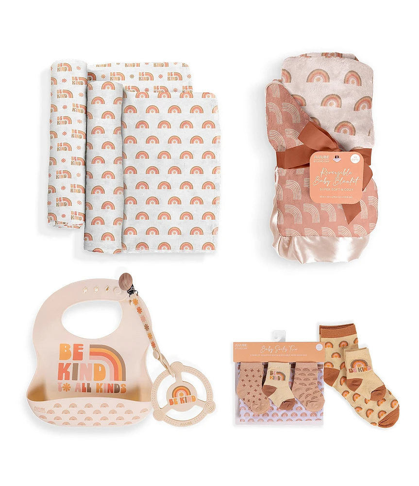 JuJuBe Everyday Essentials Be Kind Rainbows Swaddle Blankets, Reversible Blanket, Socks, Bib, & Teether Ring, Baby Set