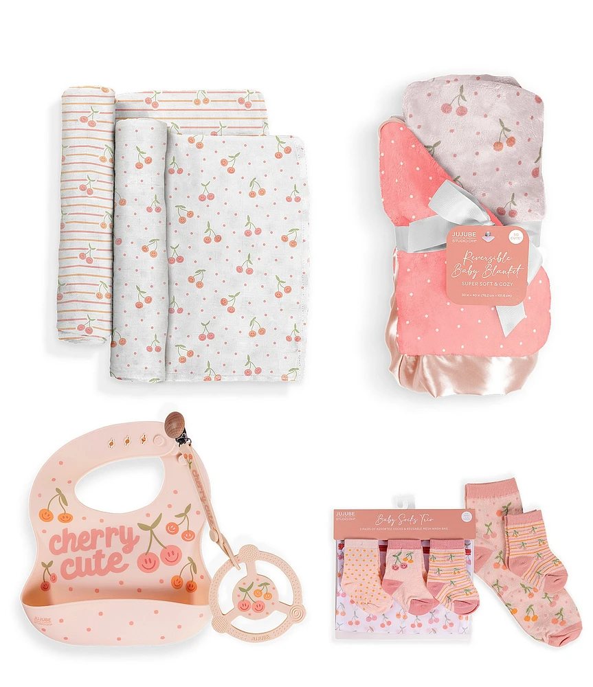 JuJuBe Everyday Essentials Cherry Cute Swaddle Blankets, Reversible Blanket, Socks, Bib, & Teether Ring, Baby Set
