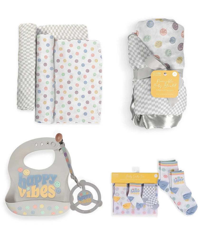 JuJuBe Everyday Essentials Happy Baby Vibes Swaddle Blankets, Reversible Blanket, Socks, Bib, & Teether Ring, Baby Set