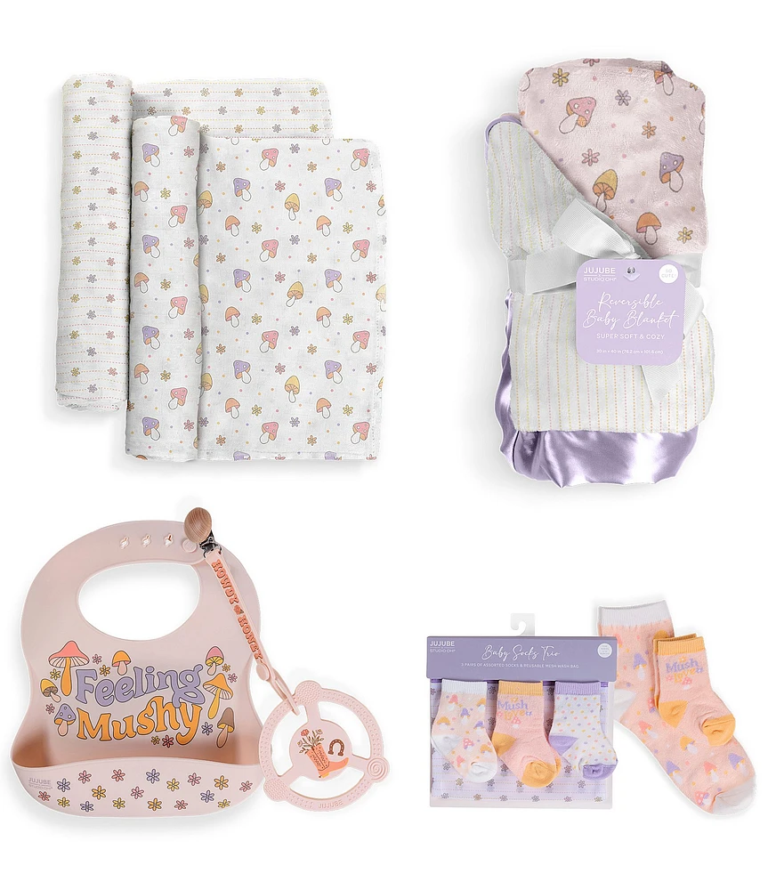 JuJuBe Everyday Essentials Mushy Love Swaddle Blankets, Reversible Blanket, Socks, Bib, & Teether Ring, Baby Set