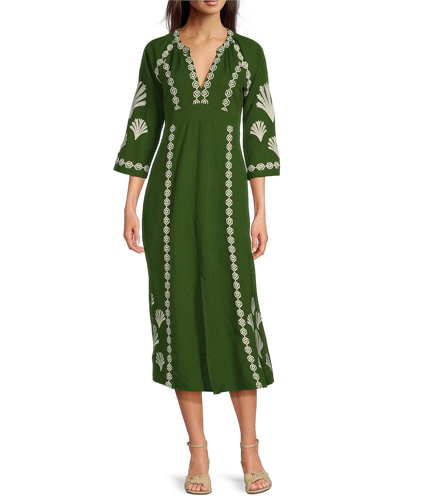 Jude Connally Clementine Embroidered Linen Split V-Neck 3/4 Sleeve Midi Dress