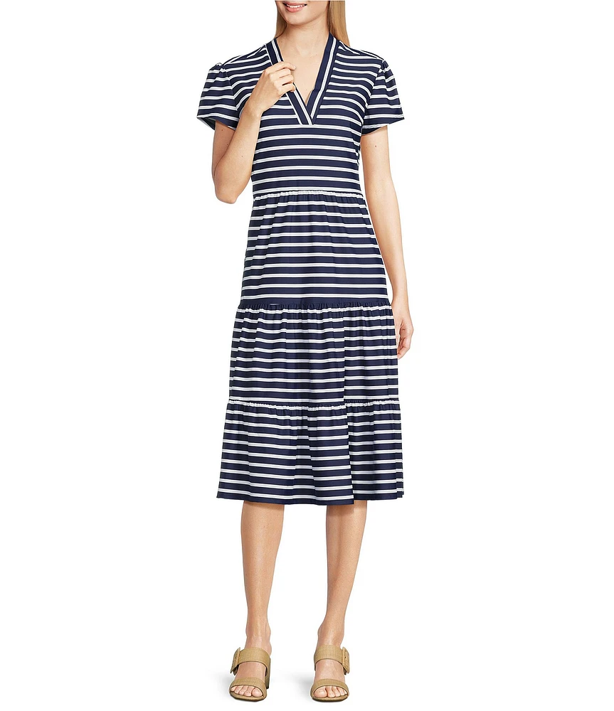 Jude Connally Libby Everyday Stripe Print Jude Cloth Stretch Knit V-Neck Short Puff Sleeve A-Line Tiered Midi Dress