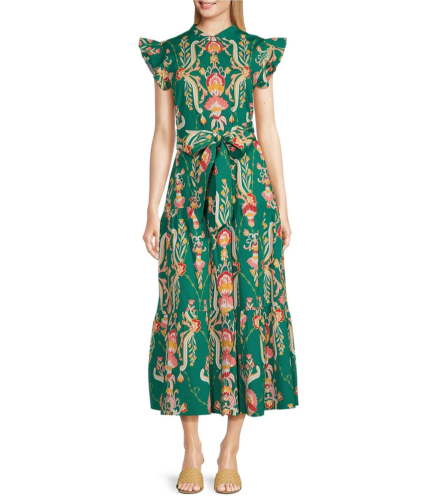 Jude Connally Mirabella Stretch Poplin Tapestry Floral Print Split V-Neck Flutter Maxi Sleeve