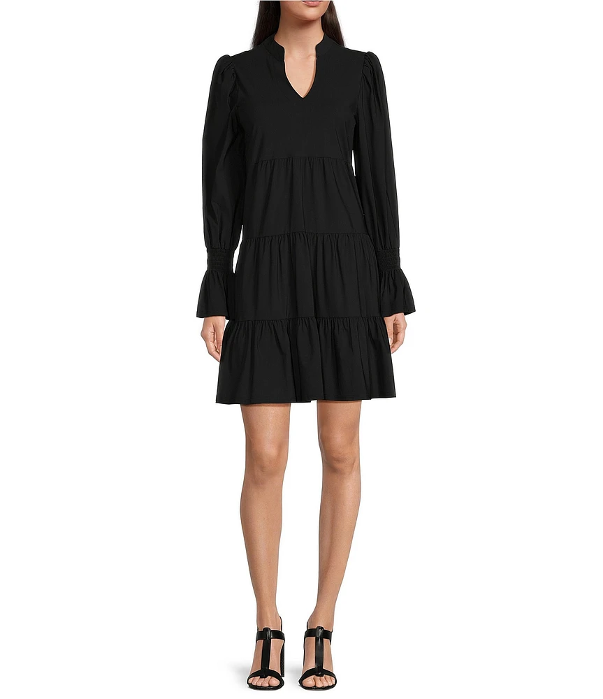 Jude Connally Tammi Stretch Jude Cloth Knit Split V-Neck Long Ruffled Sleeve Tiered Dress