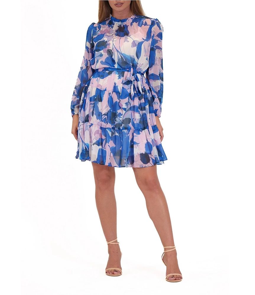 Julia Jordan Chiffon Floral Print Mock Neck Long Sleeve Waist Tie Belt Tiered A-Line Dress