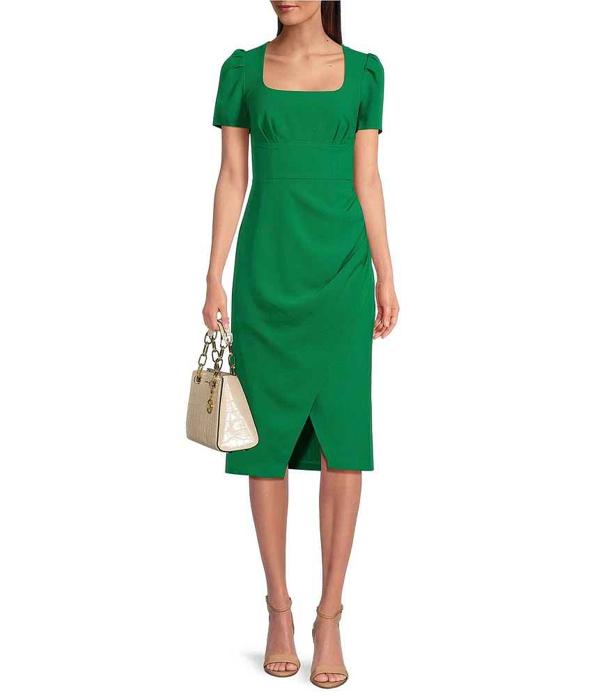 Julia Jordan Crepe Square Neck Short Sleeve Pleated Front Slit Knee Length Sheath Dress