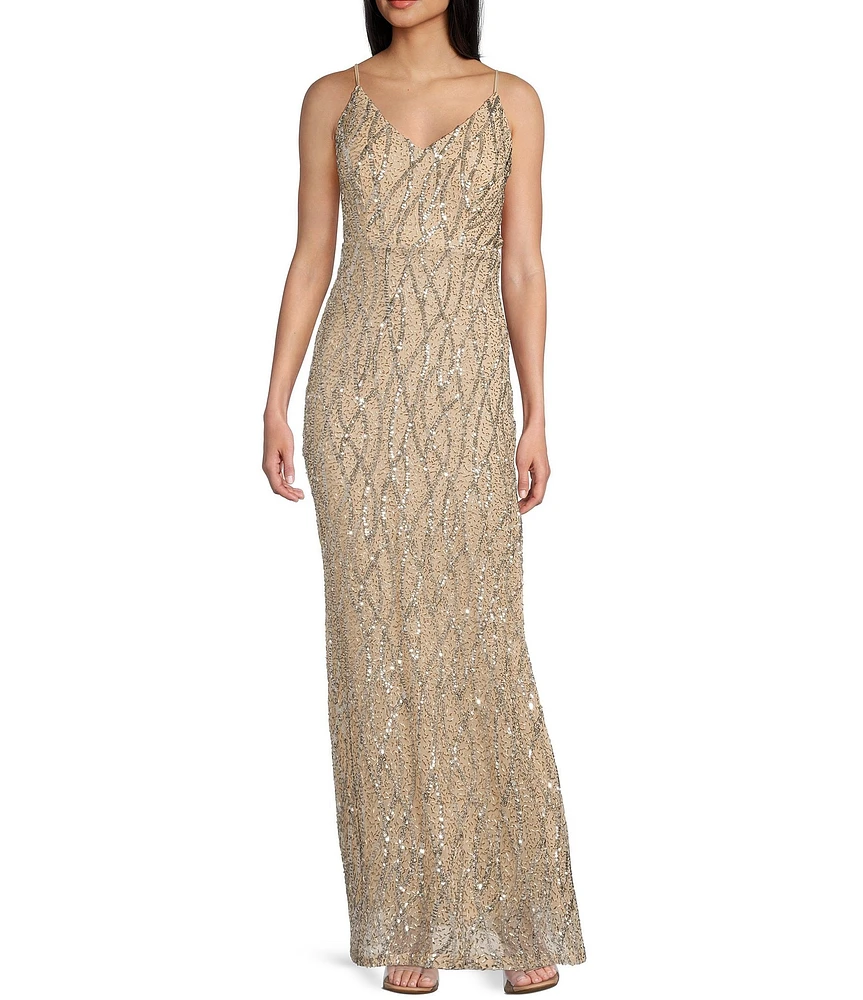 Jump Beaded Sequin Spaghetti Strap V-Neck Tulle Tie Back Gown