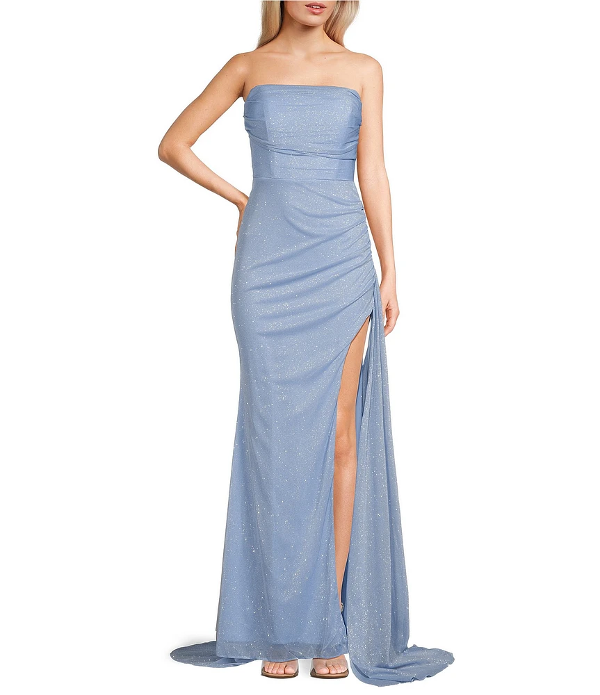 Jump Glitter Strapless Lace Up Back Side Sash Gown