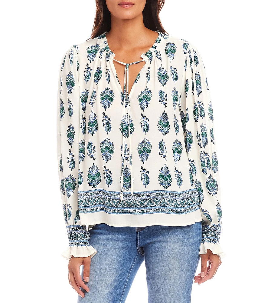 Karen Kane Border Print Split V-Neck Long Sleeve Peasant Top