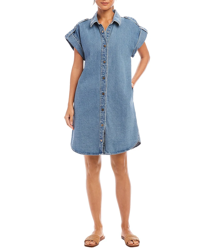 Karen Kane Denim Snap Front Collar Neckline Short Sleeve Shirt Dress