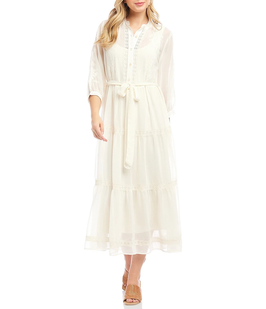 Karen Kane Embroidered Crew Neck 3/4 Bishop Cuffed Sleeve Belted Tiered Midi Shirtdress