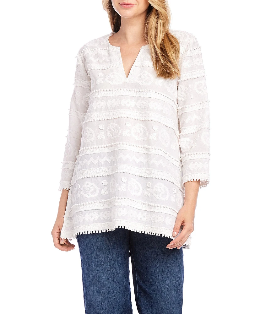 Karen Kane Embroidered Split Neck 3/4 Bell Sleeve Tassel Hem Tunic