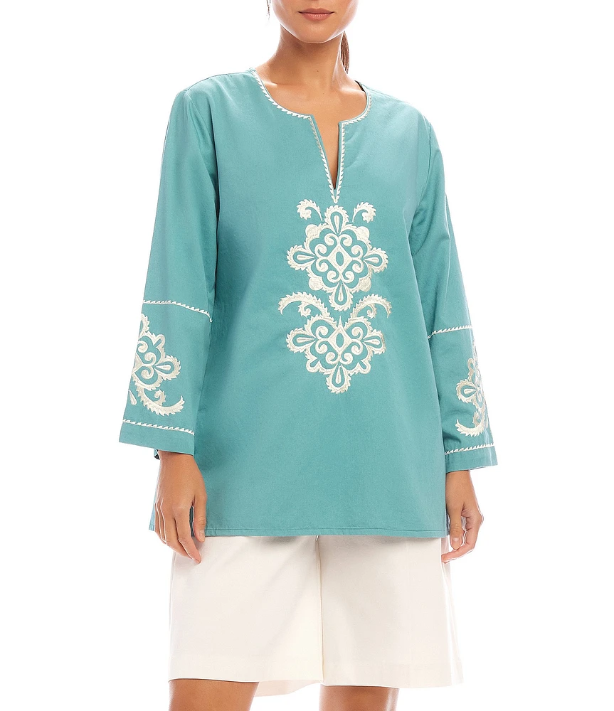 Karen Kane Embroidered Split V-Neck 3/4 Sleeve Tunic
