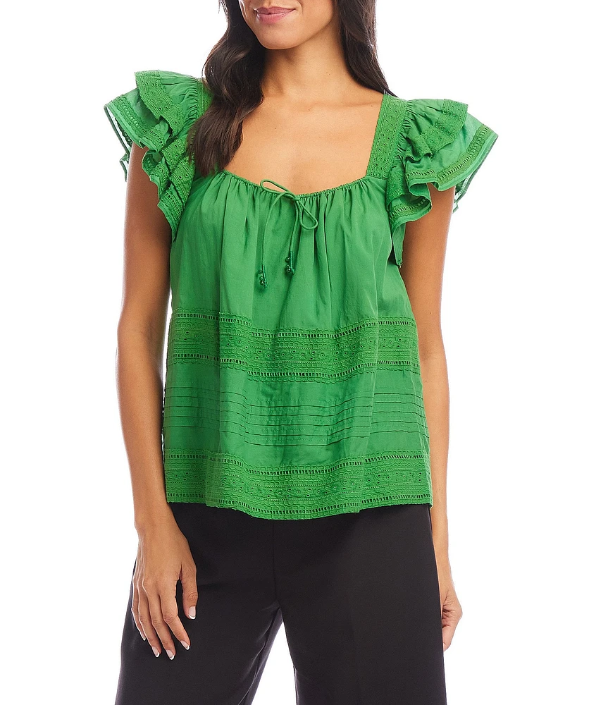Karen Kane Embroidered Square Neck Short Ruffle Sleeve Blouse