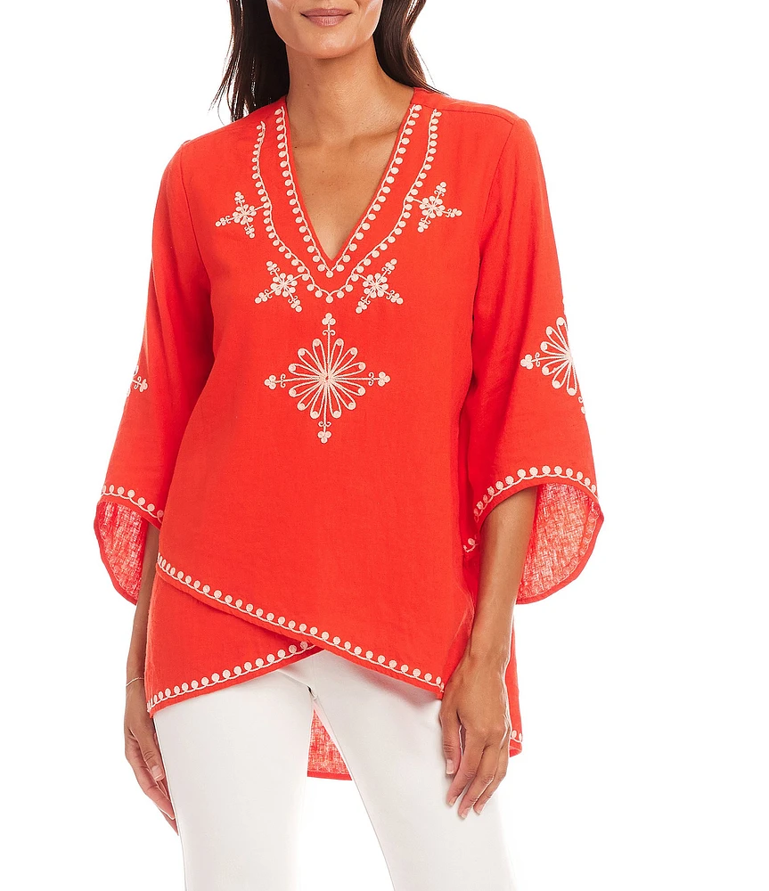 Karen Kane Embroidered V-Neck 3/4 Flare Sleeve Asymmetrical Top