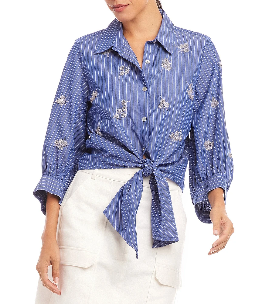 Karen Kane Floral Embroidered Pinstripe Point Collar 3/4 Blouson Sleeve Tie Front Top