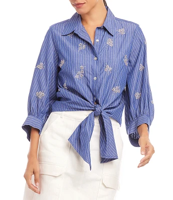 Karen Kane Floral Embroidered Pinstripe Point Collar 3/4 Blouson Sleeve Tie Front Top