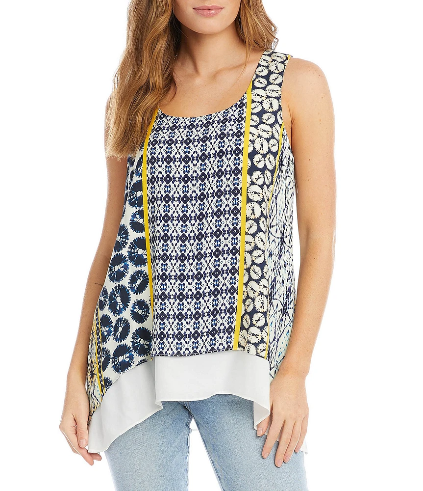 Karen Kane Italian Print Scoop Neck Sleeveless Double Layer Asymmetric Hem Tank