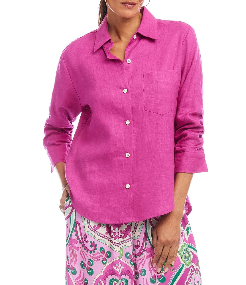 Karen Kane Linen Point Collar 3/4 Ruched Sleeve Button Front Shirt