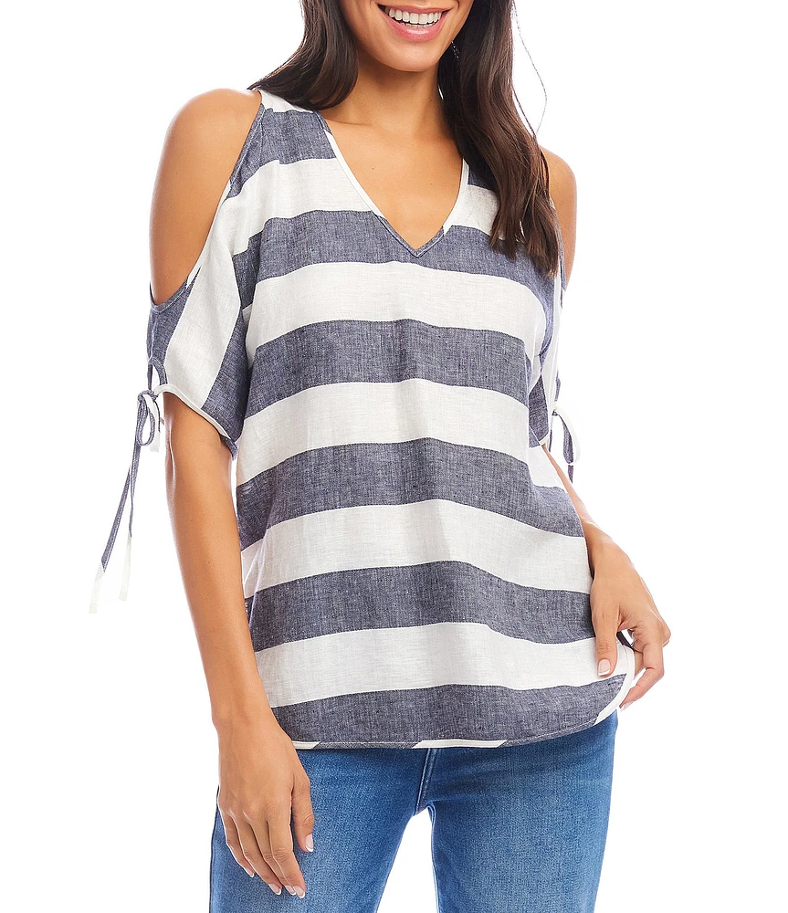 Karen Kane Linen Striped Cold Shoulder V-Neck Short Sleeve Top