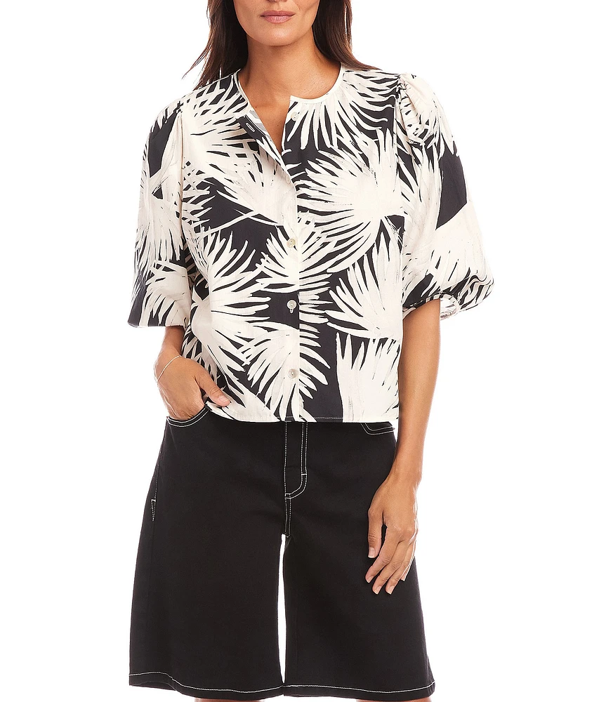Karen Kane Tropical Palm Print Crew Neck Short Puff Sleeve Cooridinating Button Front Blouse