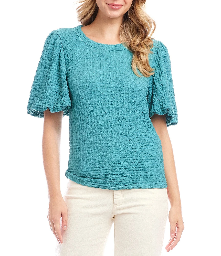 Karen Kane Petite Size Bubble Textured Crew Neck Elbow Puff Sleeve Top