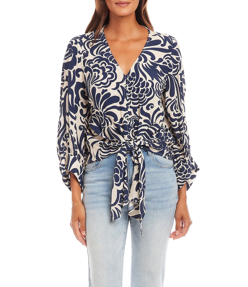 Karen Kane Petite Size Crepe Paisley Print V-Neck 3/4 Blouson Sleeve Tie-Front Top