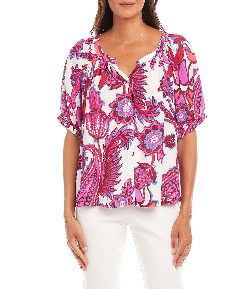 Karen Kane Petite Size Peony Paisley Scoop Neck Short Puff Sleeve Button-Front Peasant Top