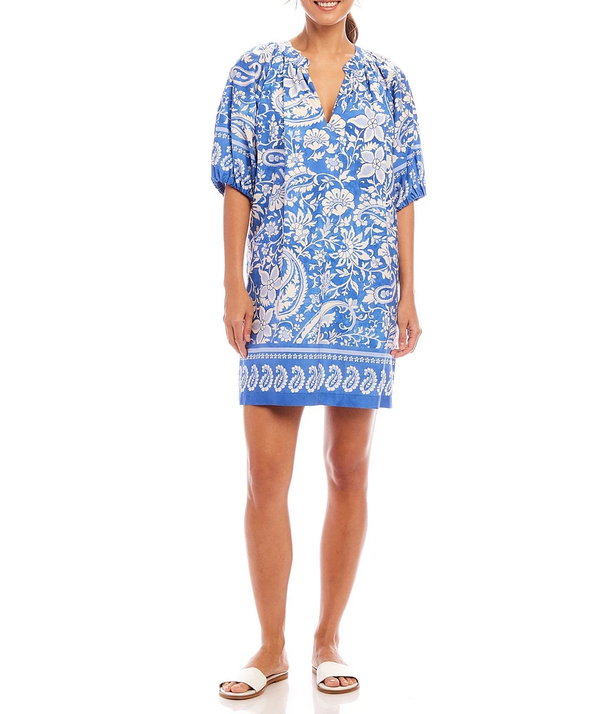 Karen Kane Petite Size Printed Split V-Neck Elbow Sleeve Peasant Dress
