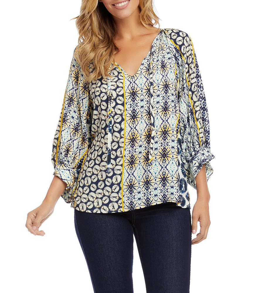Karen Kane Petite Size Twin Print Tie Split V-Neck 3/4 Sleeve Peasant Top