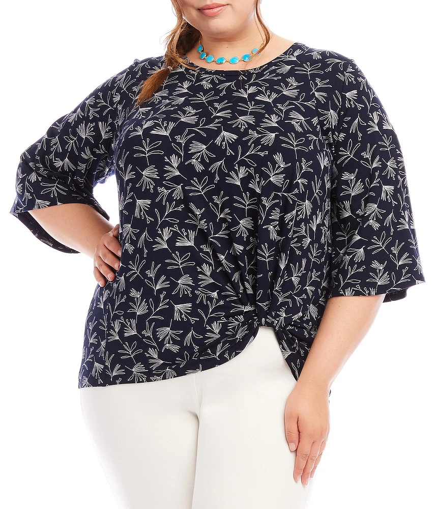 Karen Kane Plus Size Floral Crew Neck 3/4 Flare Sleeve Pick-Up Top