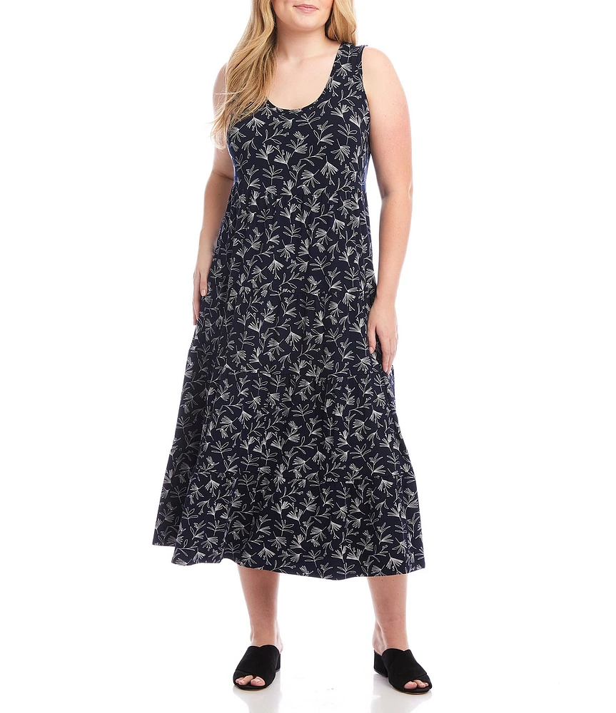 Karen Kane Plus Size Delicate Floral Print Scoop Neck Sleeveless Tiered Midi Dress