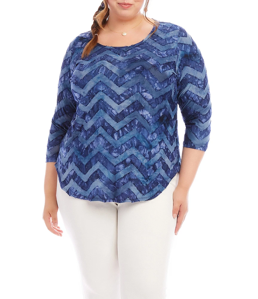 Karen Kane Plus Size Jacquard Tie-Dye Burnout Scoop Neck 3/4 Sleeve Top