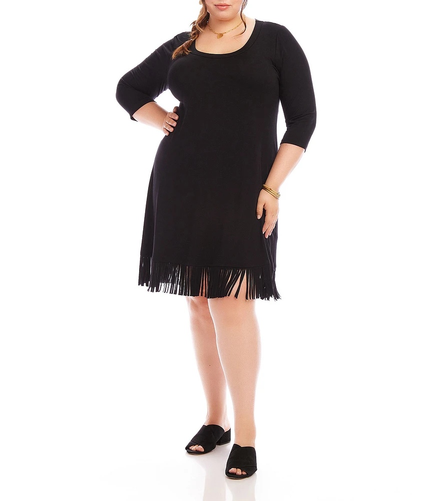 Karen Kane Plus Size Knit Jersey Scoop Neck 3/4 Sleeve Fringe Hem Dress