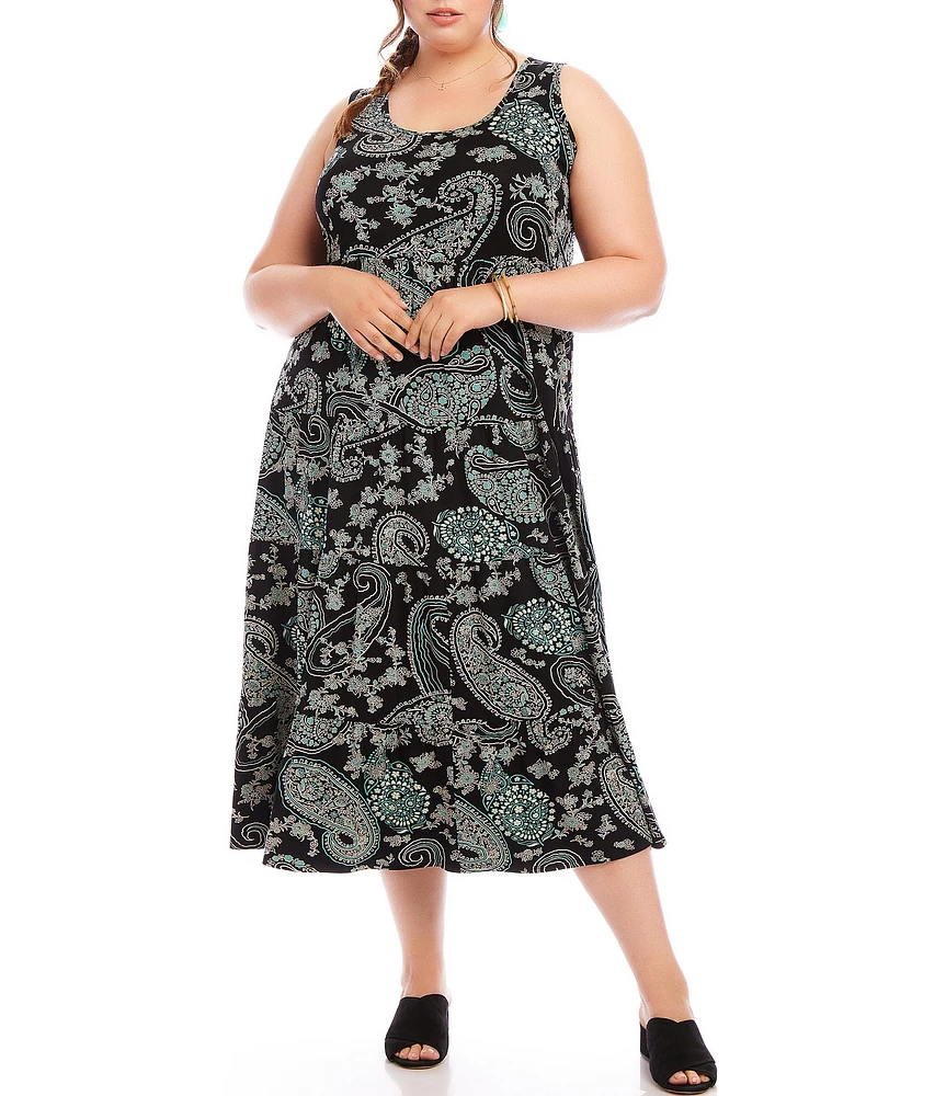 Karen Kane Plus Size Paisley Floral Print Scoop Neck Sleeveless Tiered Midi Dress