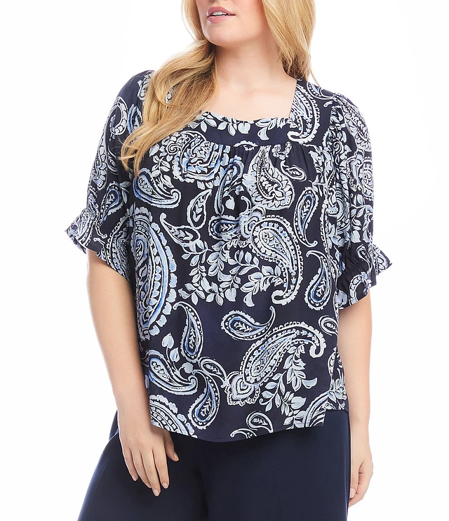 Karen Kane Plus Size Short Sleeve Peasant Tops Karen Kane Chambray