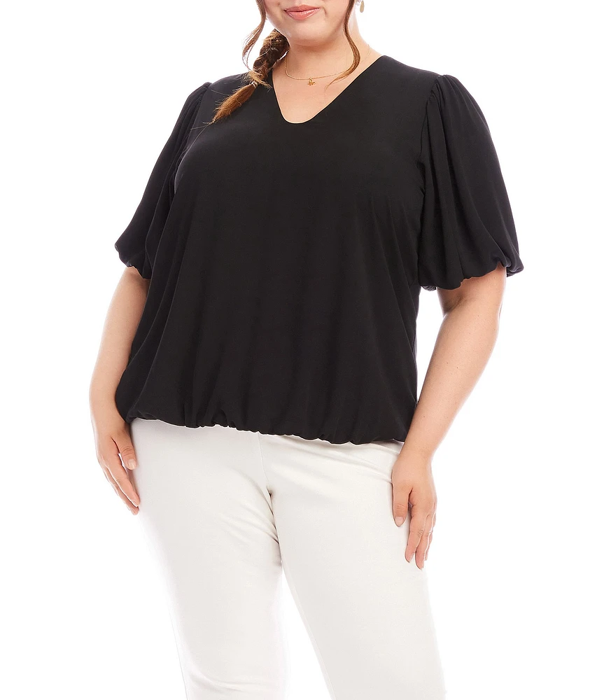 Karen Kane Plus Size Silky Crepe V-Neck Short Puff Sleeve Top