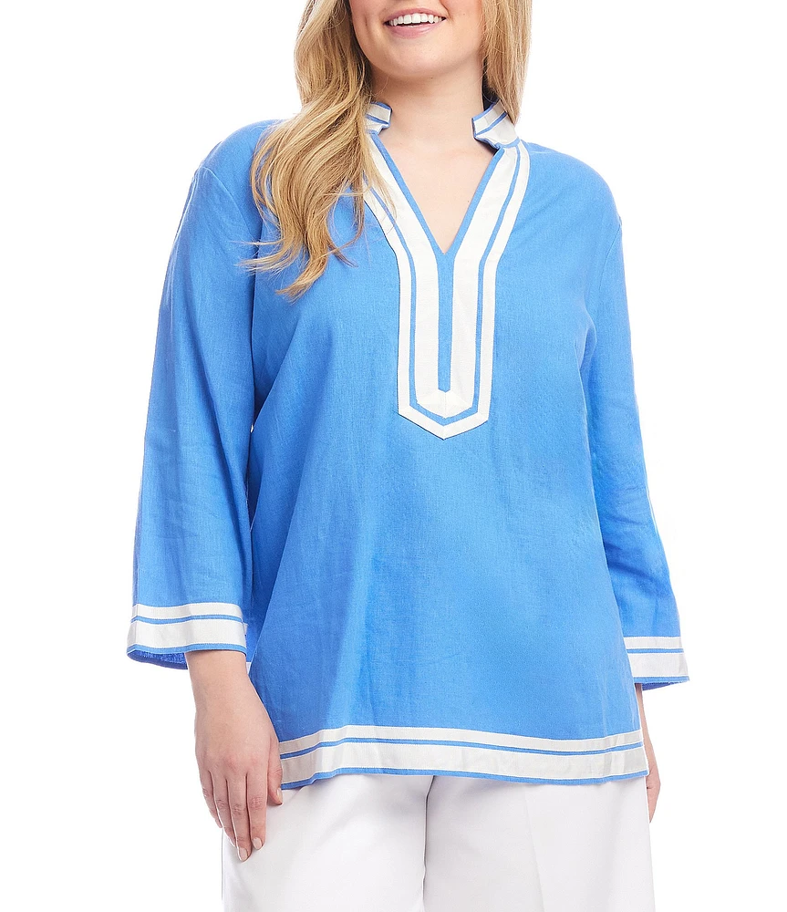 Karen Kane Plus Size St. Tropez Mandarin V-Neck Bracelet Sleeve Contrast Trim Tunic