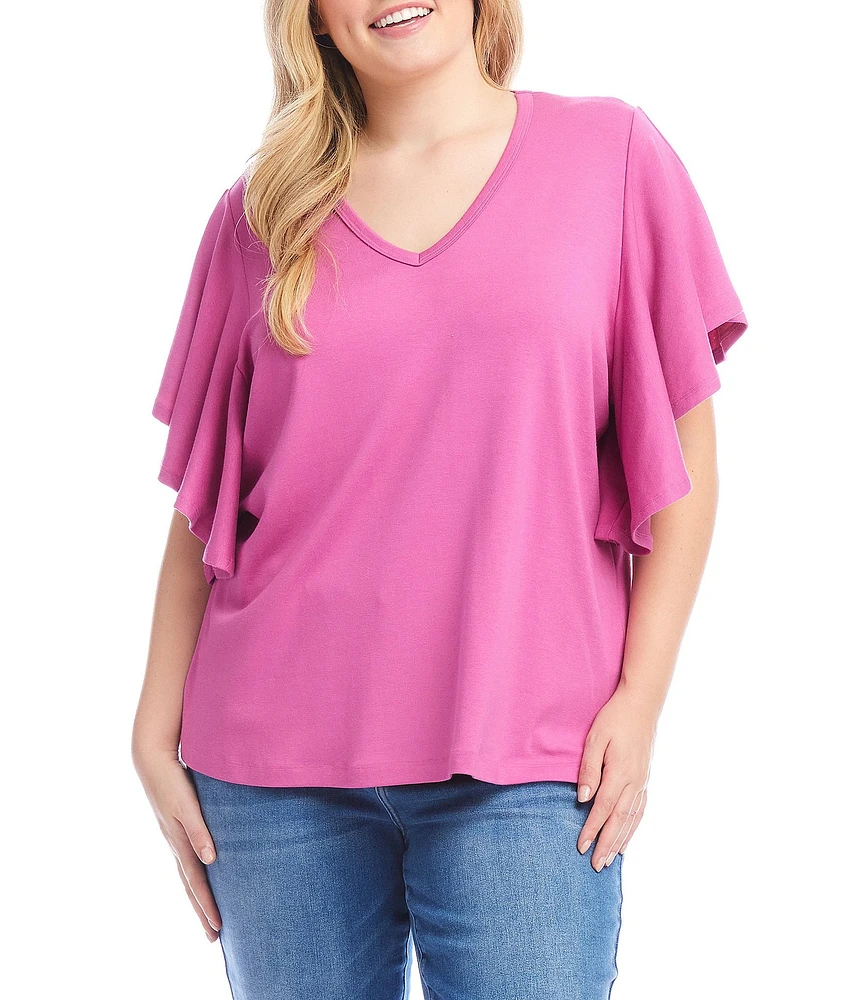 Karen Kane Plus Size Organic Cotton Blend V-Neck Short Flouncy Ruffle Sleeve Top