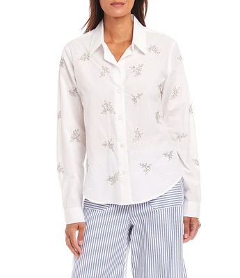 Karen Kane Point Collar Long Sleeve Soft Cotton Embellished Shirt